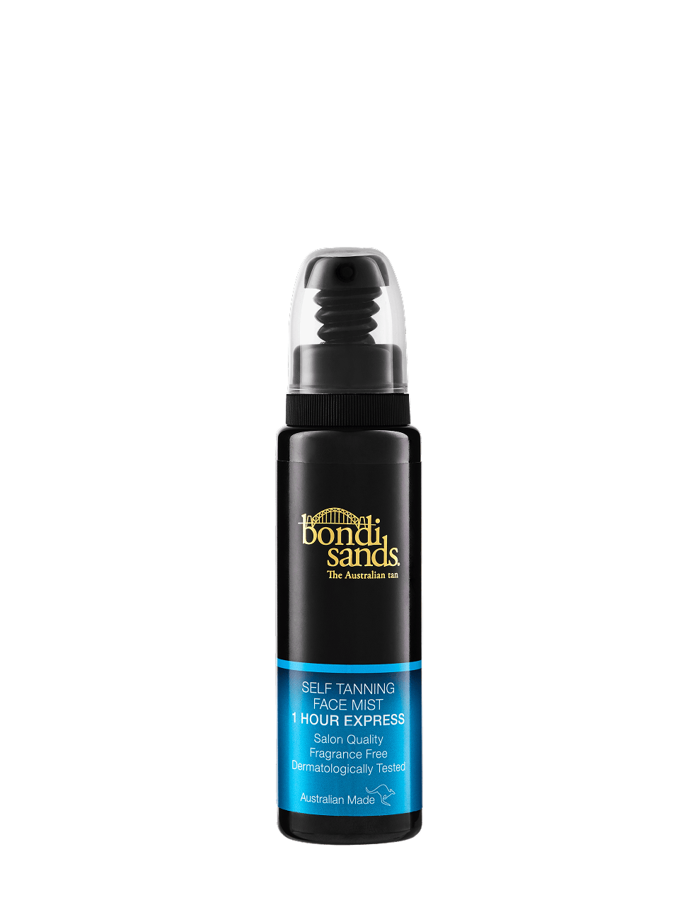 A bottle of BondiSandsEU 1 Hour Express Self Tanning Face Mist, featuring a black cap and blue label, stands upright on a white background, designed for quick self-tanning and providing an unmistakable Australian glow.