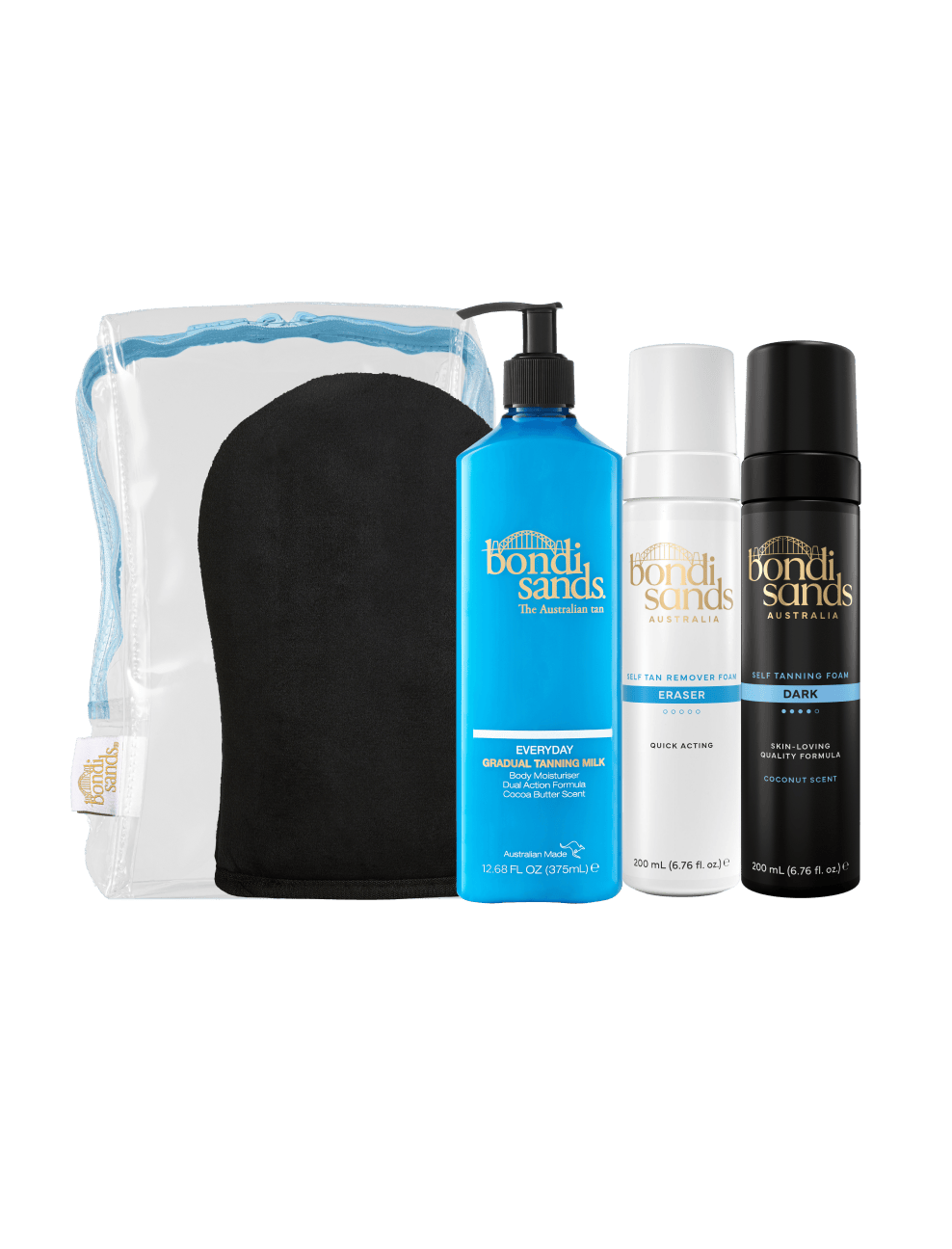The BondiSandsEU Best Of Bondi Gift Set includes a black tanning mitt, blue pump gradual tanning milk, white tan remover foam, and black self tanning foam—all in a clear zippered bag.
