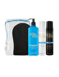 The BondiSandsEU Best Of Bondi Gift Set includes a black tanning mitt, blue pump gradual tanning milk, white tan remover foam, and black self tanning foam—all in a clear zippered bag.