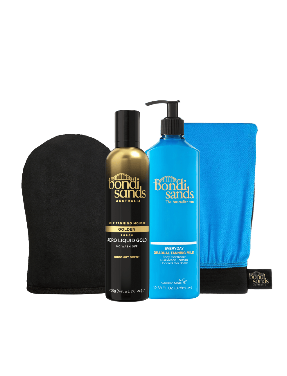 The BondiSandsEU Liquid Gold Aero Self Tanning Mousse Bundle includes a self tanning mousse, gradual tanning milk pump, and application mitts for a flawless, sun-kissed glow.
