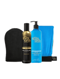 The BondiSandsEU Liquid Gold Aero Self Tanning Mousse Bundle includes a self tanning mousse, gradual tanning milk pump, and application mitts for a flawless, sun-kissed glow.
