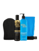The BondiSandsEU Liquid Gold Aero Self Tanning Mousse Bundle includes a self tanning mousse, gradual tanning milk pump, and application mitts for a flawless, sun-kissed glow.