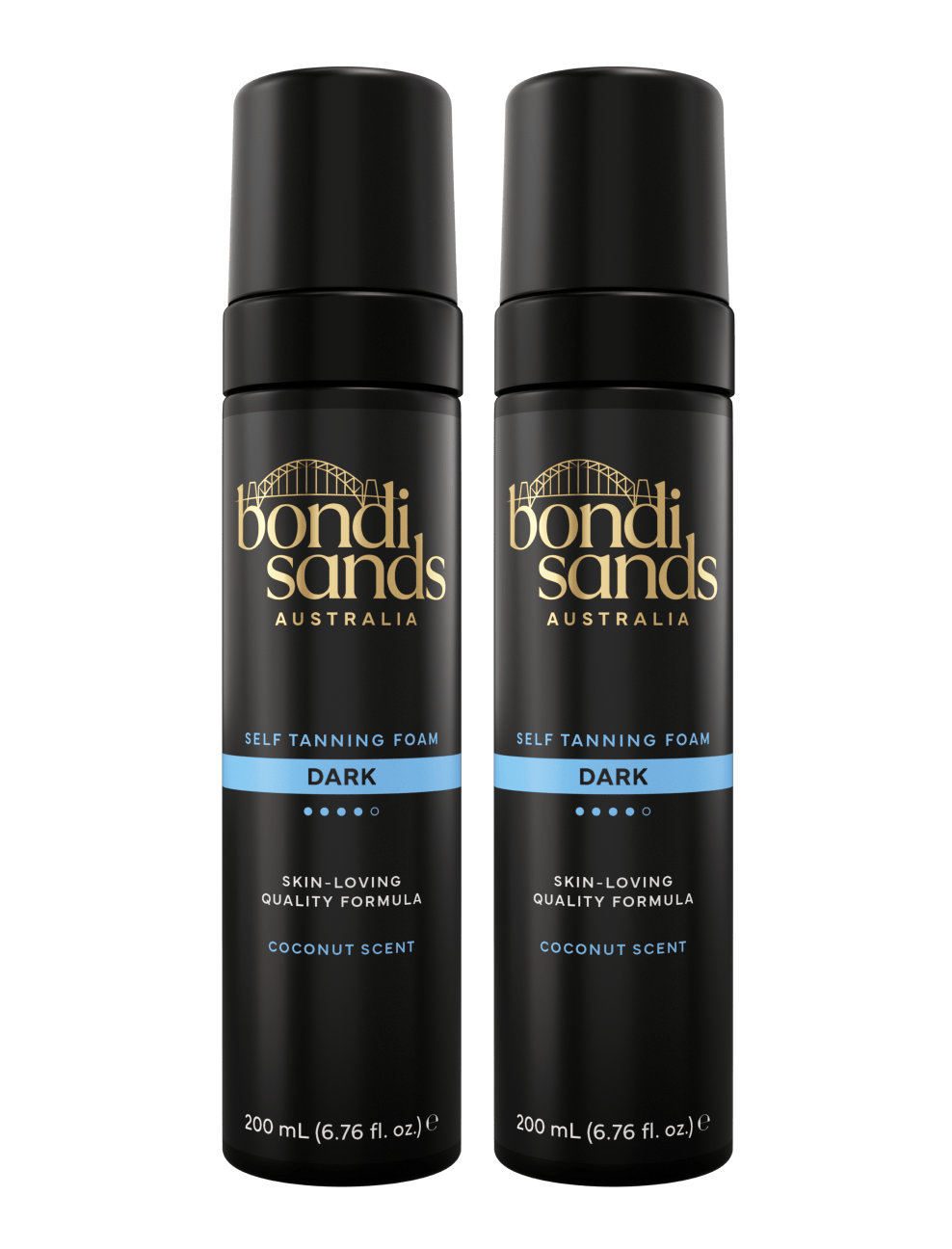 The BondiSandsEU Dark Self Tanning Foam Bundle includes two 200 mL bottles. The coconut-scented formula gives skin a natural, flawless glow. Bottles are black with gold, white, and blue accents.