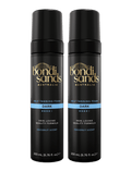The BondiSandsEU Dark Self Tanning Foam Bundle includes two 200 mL bottles. The coconut-scented formula gives skin a natural, flawless glow. Bottles are black with gold, white, and blue accents.