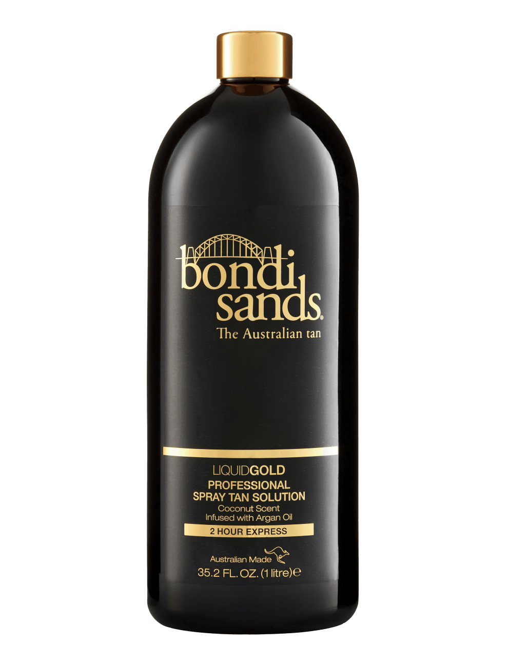 A 1-liter (35.2 fl oz) black BondiSandsEU Salon Solution Liquid Gold bottle with gold text and cap features the brand logo and product details, providing a flawless, professional self tan.