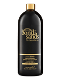 A 1-liter (35.2 fl oz) black BondiSandsEU Salon Solution Liquid Gold bottle with gold text and cap features the brand logo and product details, providing a flawless, professional self tan.
