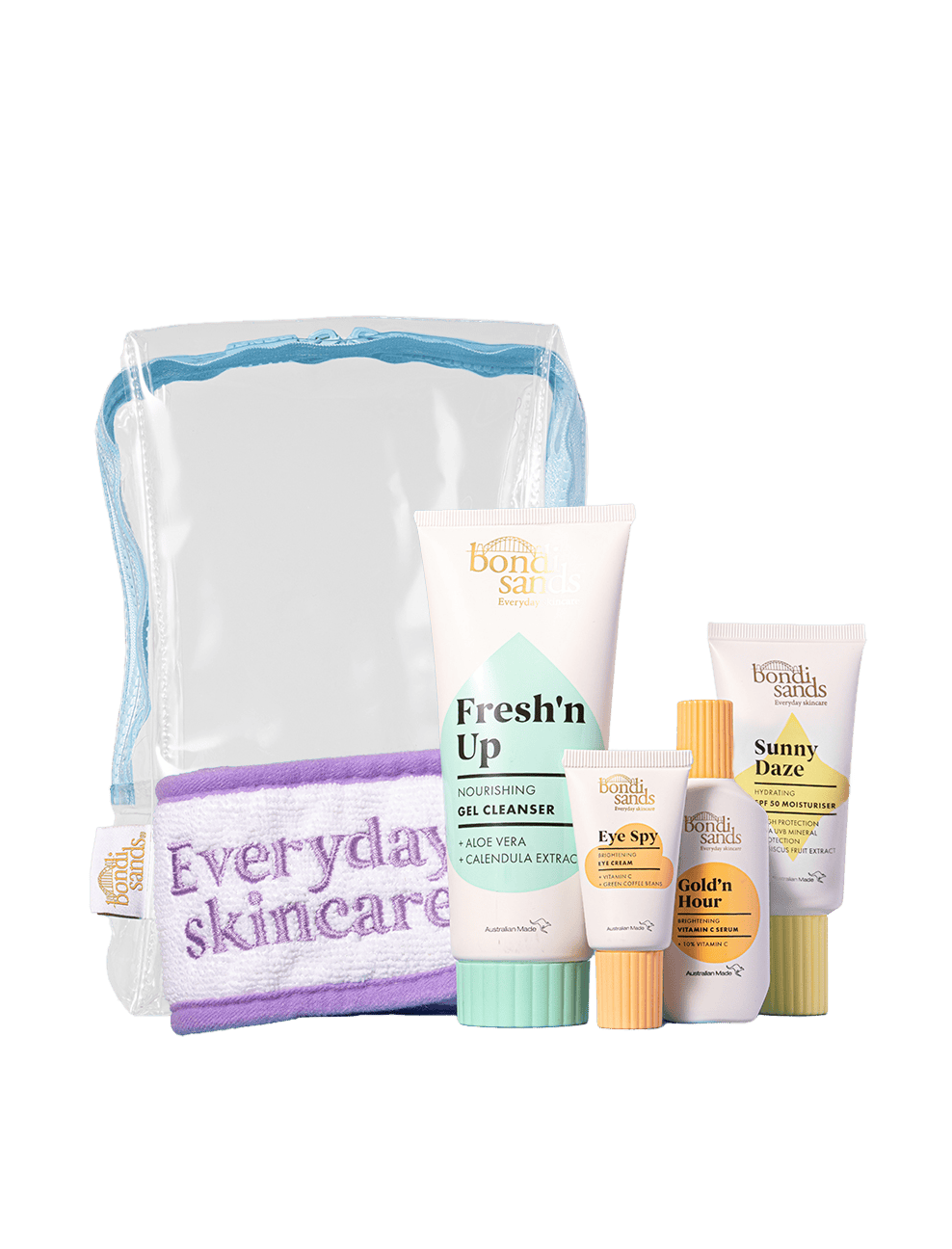 The BondiSandsEU Brightening Besties Gift Set includes a clear pouch with five essentials: a purple headband, Freshn Up gel cleanser, SPF moisturiser, and three mini tubes—Eye Spy, Gold’n Hour, and Sunny Daze.