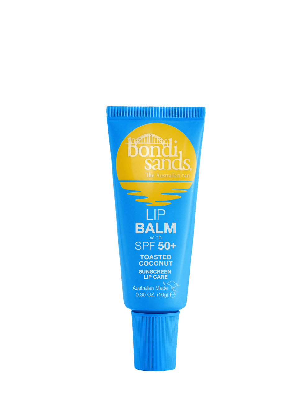 A blue tube of BondiSandsEU Coconut SPF 50+ Lip Balm in toasted coconut flavor, enriched with nourishing shea butter, stands upright against a white background. The packaging features yellow and white text along with a yellow sun graphic.