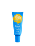 A blue tube of BondiSandsEU Coconut SPF 50+ Lip Balm in toasted coconut flavor, enriched with nourishing shea butter, stands upright against a white background. The packaging features yellow and white text along with a yellow sun graphic.