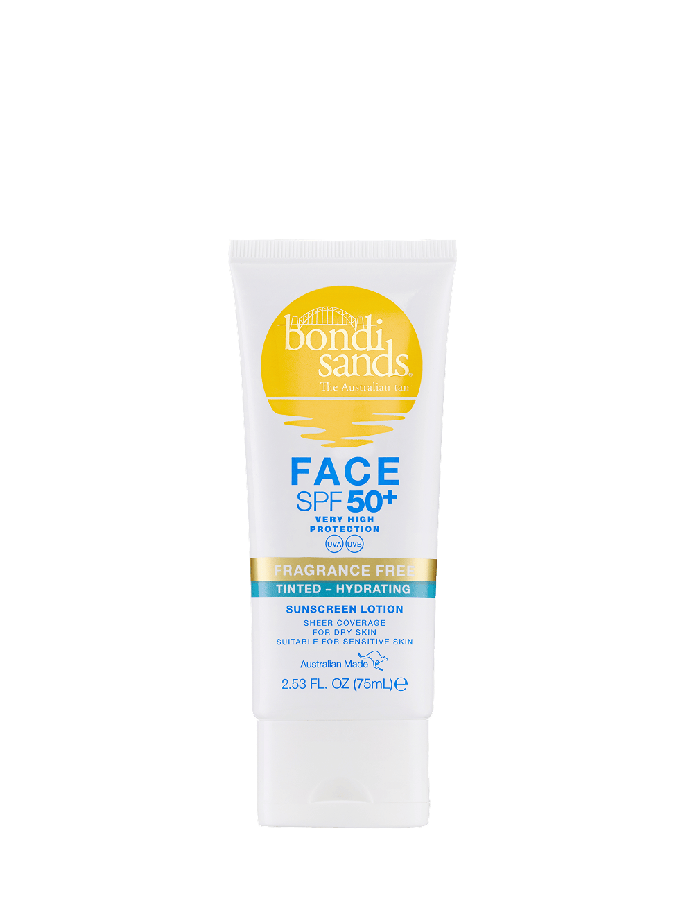A white tube of BondiSandsEU SPF 50+ Everyday Hydrating Tinted Face Lotion, labeled Fragrance Free, Tinted + Hydrating, with yellow and blue accents, contains 2.53 fl oz (75 mL) and offers a tinted hydrating sunscreen that delivers a dewy finish.