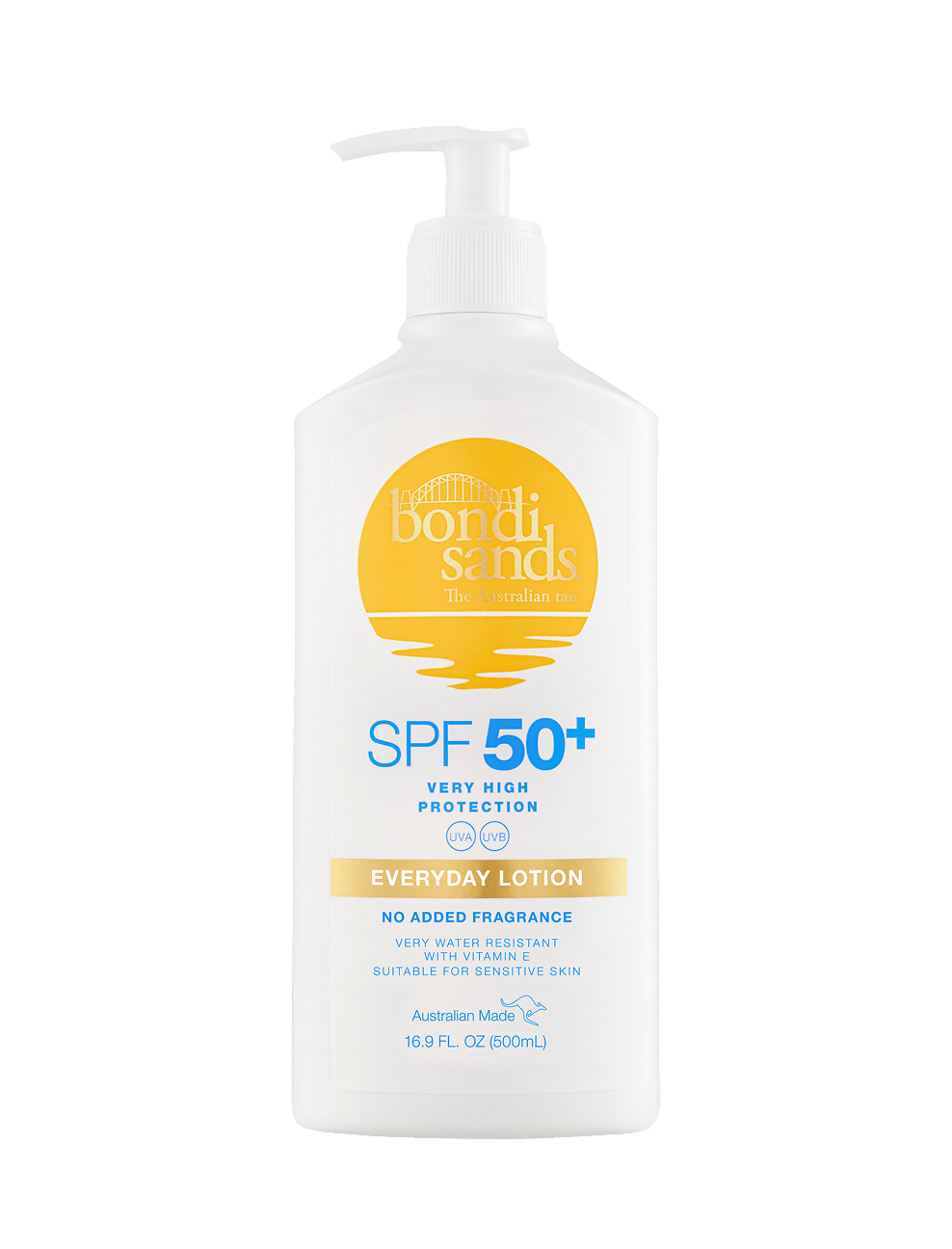 A white pump bottle of BondiSandsEU SPF 50+ Everyday Sunscreen Lotion Pump is shown, featuring yellow and blue labeling. This sunscreen provides very high protection, is water resistant, fragrance-free, and suitable for sensitive skin.