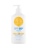 A white pump bottle of BondiSandsEU SPF 50+ Everyday Sunscreen Lotion Pump is shown, featuring yellow and blue labeling. This sunscreen provides very high protection, is water resistant, fragrance-free, and suitable for sensitive skin.
