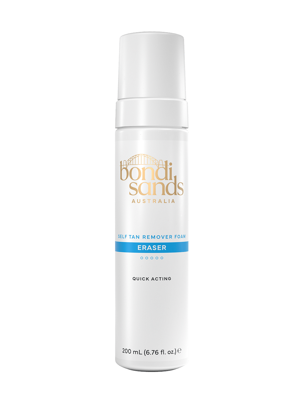 A white 200 mL (6.76 fl. oz.) bottle of BondiSandsEU Self Tan Eraser exfoliating foam, labeled Eraser, with gold and blue branding; a quick-acting self-tan remover.