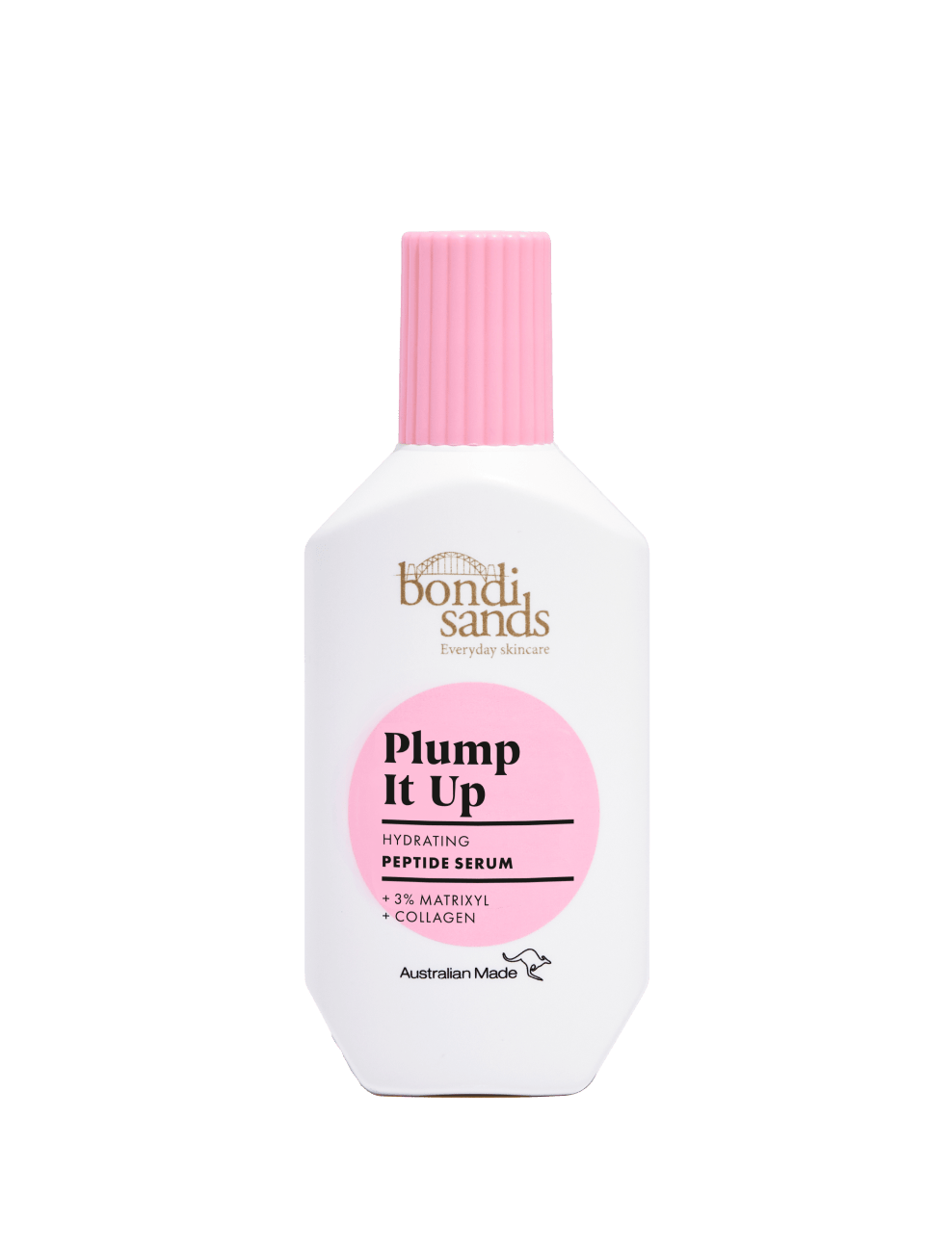 A white bottle of BondiSandsEU Plump It Up Peptide Serum with a pink cap and label features gold and black text. This hydrating serum contains 3% Matrixyl and collagen to help plump and hydrate the skin.