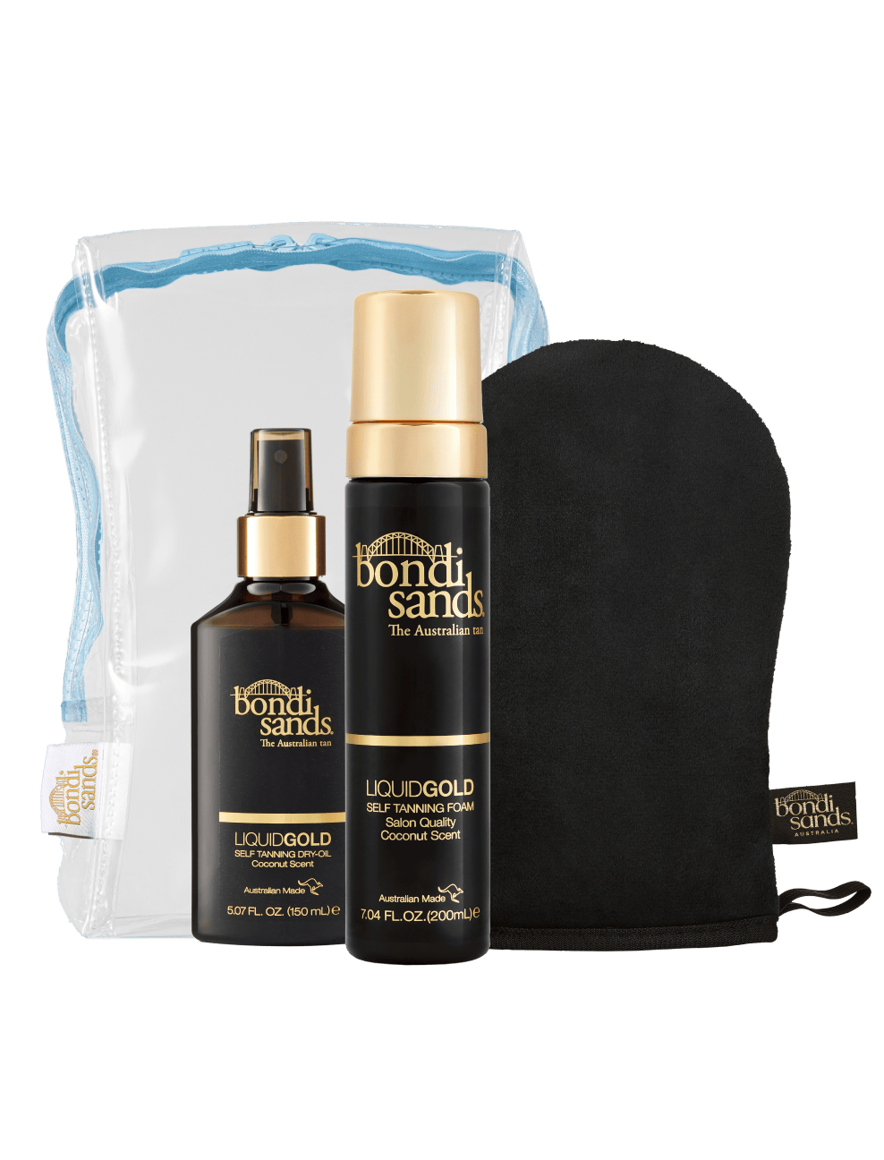 The BondiSandsEU Liquid Gold Gift Set includes argan oil tan, a clear zip pouch, spray and foam bottles, and a black tanning mitt, all arranged neatly against a white background.