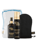The BondiSandsEU Liquid Gold Gift Set includes argan oil tan, a clear zip pouch, spray and foam bottles, and a black tanning mitt, all arranged neatly against a white background.