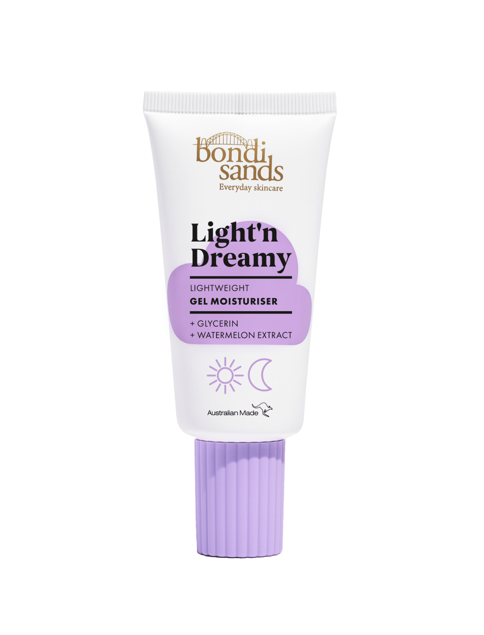 A white tube of BondiSandsEU Light'n Dreamy Gel Moisturiser with a purple cap and label, featuring glycerin and watermelon extract for lightweight hydration—ideal for oily skin—shown on a plain white background.