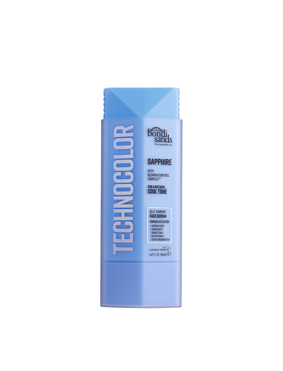 A blue bottle of BondiSandsEU Sapphire Technocolor Self Tanning Face Serum for fair skin, with bold vertical TECHNOCOLOR text and white product details on the front.