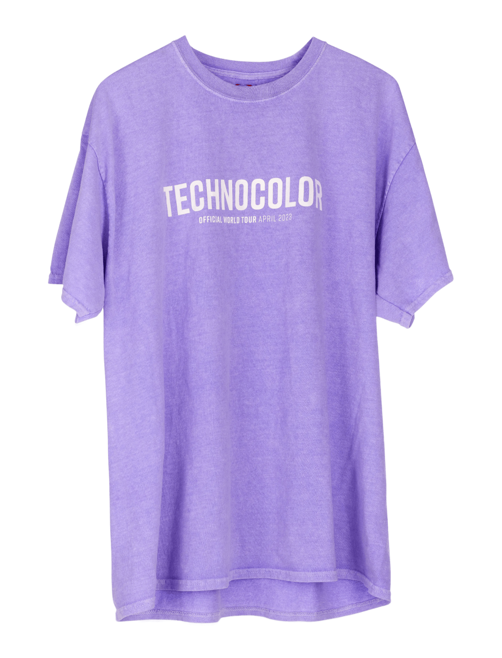 The BondiSandsEU Technocolor Technoverse Tee is an oversized purple shirt with bold white "TECHNOCOLOR" text and "OFFICIAL WORLD TOUR APRIL 2023" in smaller print, shown against a plain background.