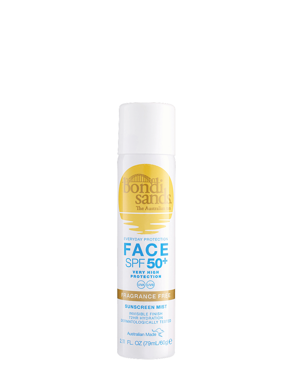 A white spray bottle of BondiSandsEU SPF 50+ Everyday Sunscreen Face Mist, fragrance free, 2.7 fl oz, featuring a yellow and blue label and offering broad spectrum UVA & UVB protection in a fast-absorbing formula.