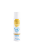A white spray bottle of BondiSandsEU SPF 50+ Everyday Sunscreen Face Mist, fragrance free, 2.7 fl oz, featuring a yellow and blue label and offering broad spectrum UVA & UVB protection in a fast-absorbing formula.