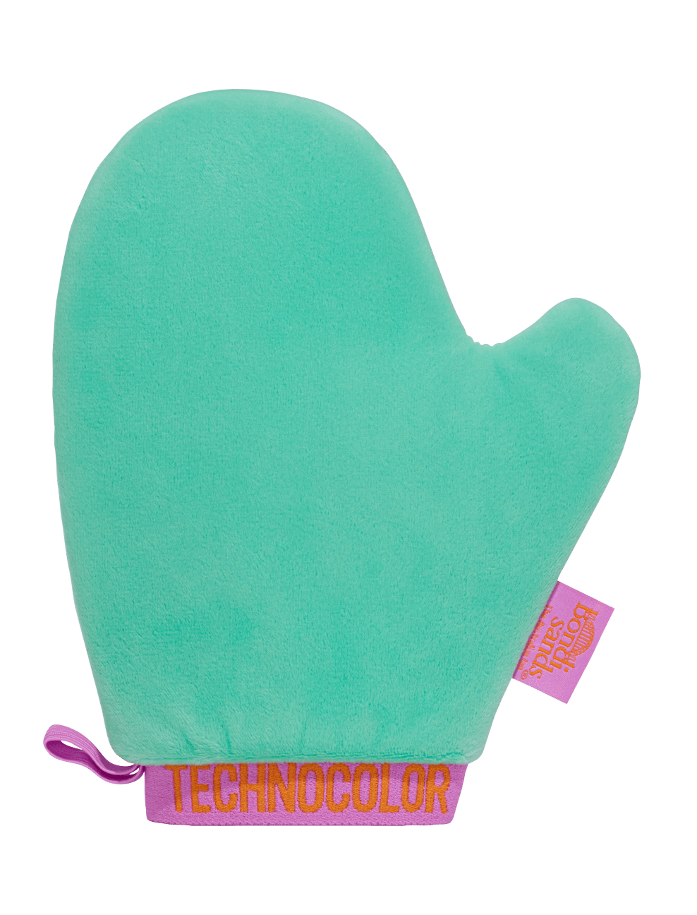 The BondiSandsEU Technocolor Deluxe Self Tanning Application Mitt is bright teal with a thumb, purple trim, and an orange "TECHNOCOLOR" label. Designed for streak-free self tanning. A side tag reads "SONIA KASHUK." Set against a white background.