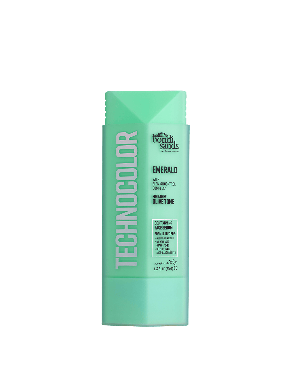 A mint green bottle of Bondi Sands Europe Technocolor Face Serum for deep, olive skin tones stands upright on a white background.