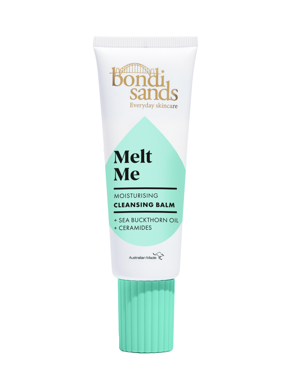 A tube of BondiSandsEU Melt Me Cleansing Balm, a hydrating makeup remover with sea buckthorn oil and ceramides. The white tube features a mint green cap, label accents, and gold and black text.