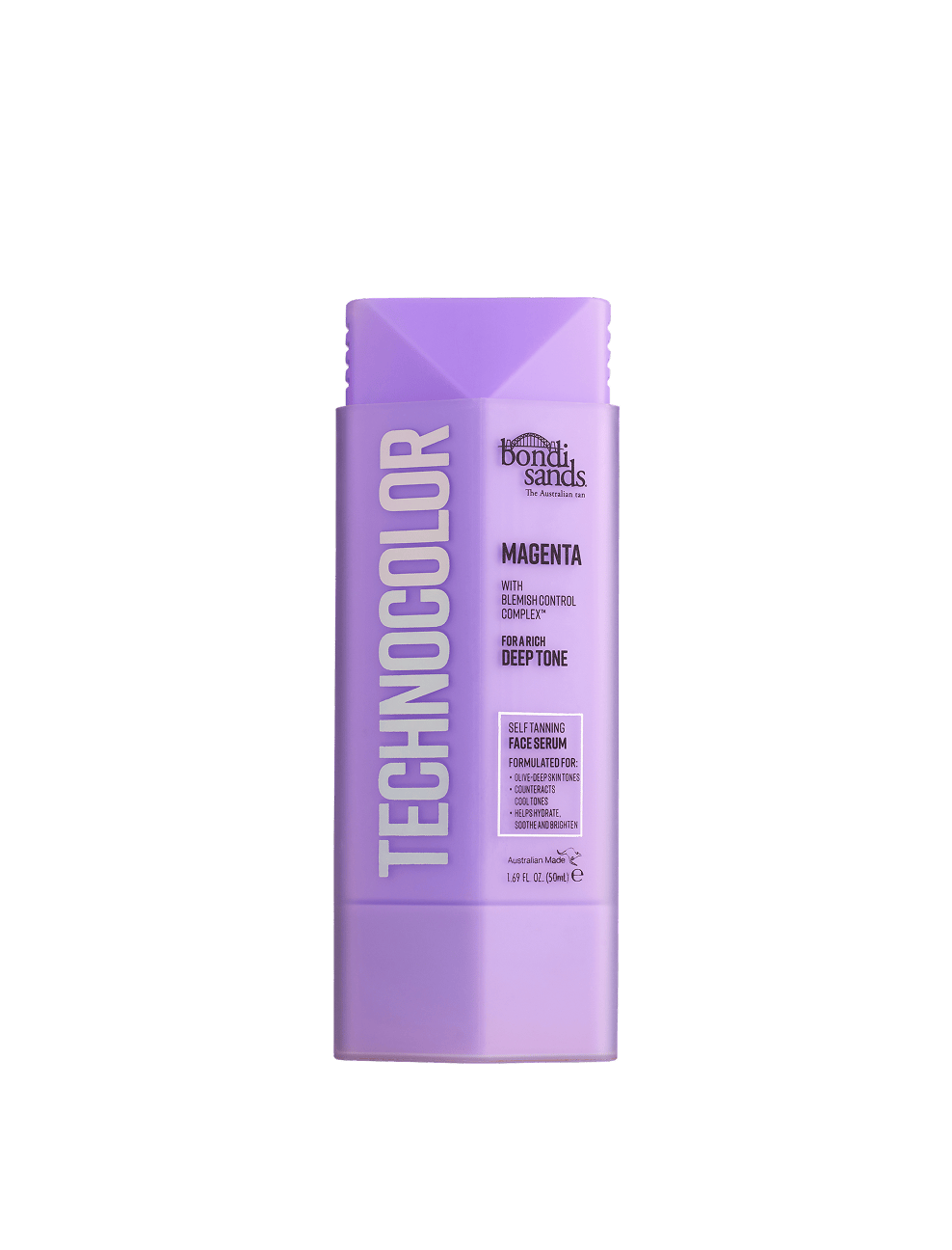 A lavender bottle of BondiSandsEU Magenta Technocolor Self Tanning Face Serum for olive-deep skin, with bold white text, offers a natural glow self tan and appears on a clean white background.