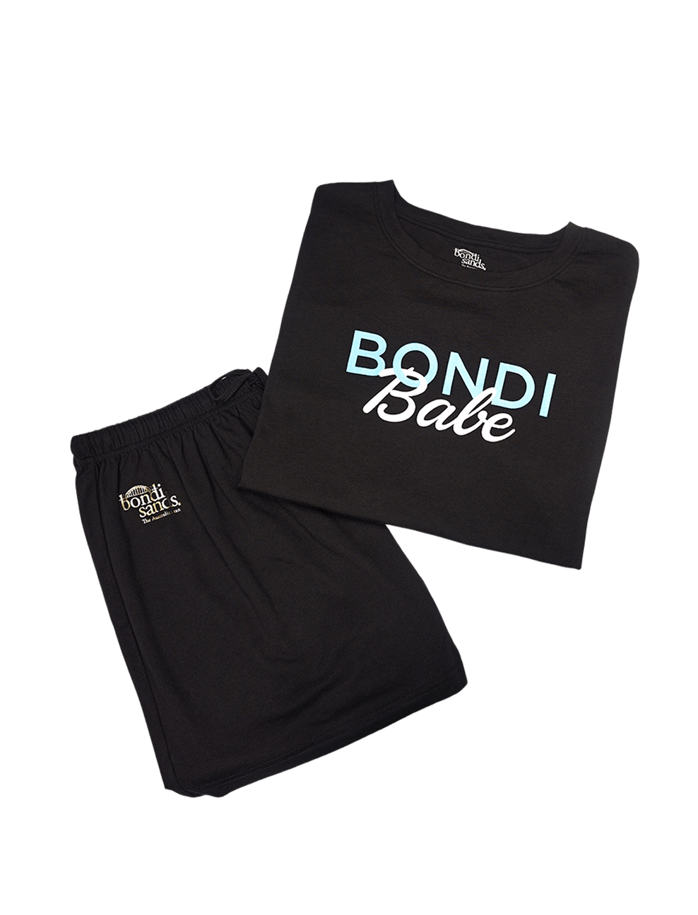 BondiSandsEU Bondi Babe Short Tanning PJs feature a black "Bondi Babe" tee with blue and white text and matching shorts with the Bondi Sands logo, both displayed on a crisp white background.