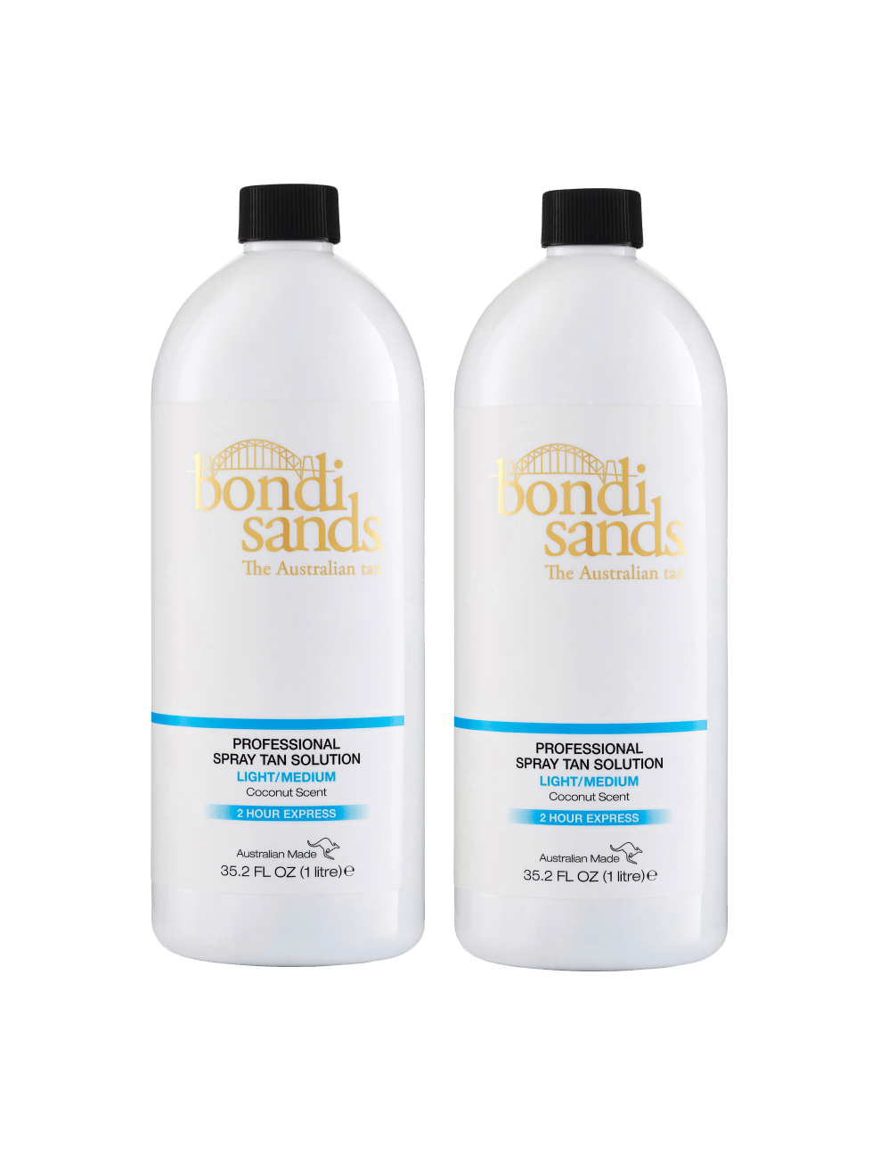 The BondiSandsEU Light-Medium Salon Solution 1L Duo features two white bottles with black caps and blue labels. Achieve a flawless, bronzed glow in just 2 hours with this professional light/medium spray tan formula.