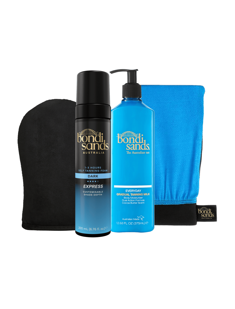 BondiSandsEU Express Self Tanning Routine Bundle includes an express self tanning foam, black tanning mitt, gradual self tanning milk in blue packaging, and a blue towel, all shown against a white background.