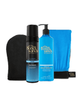 BondiSandsEU Express Self Tanning Routine Bundle includes an express self tanning foam, black tanning mitt, gradual self tanning milk in blue packaging, and a blue towel, all shown against a white background.