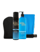 BondiSandsEU Express Self Tanning Routine Bundle includes an express self tanning foam, black tanning mitt, gradual self tanning milk in blue packaging, and a blue towel, all shown against a white background.