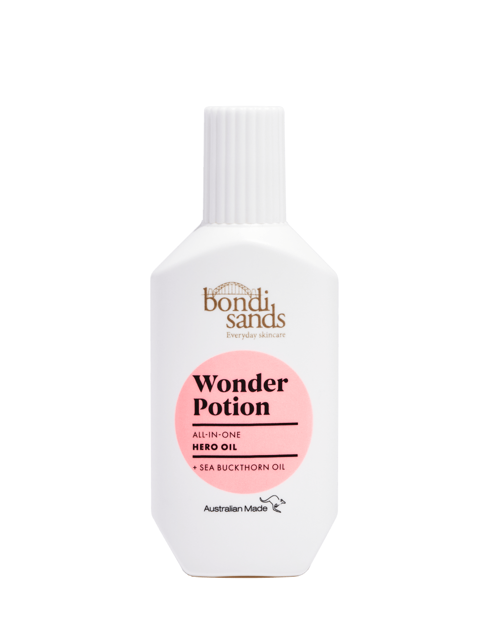 A white bottle of BondiSandsEU Wonder Potion Hero Oil with sea buckthorn for nourished skin, pink label, and ribbed white cap. Text highlights it's Australian made and offers anti-ageing benefits.