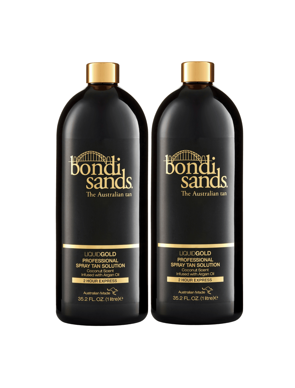 Two black bottles of BondiSandsEU Liquid Gold Salon Solution Bundle with gold caps, each 1 liter (35.2 fl oz), are shown side by side on a white background—ideal for professional tanning results.