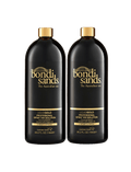 Two black bottles of BondiSandsEU Liquid Gold Salon Solution Bundle with gold caps, each 1 liter (35.2 fl oz), are shown side by side on a white background—ideal for professional tanning results.