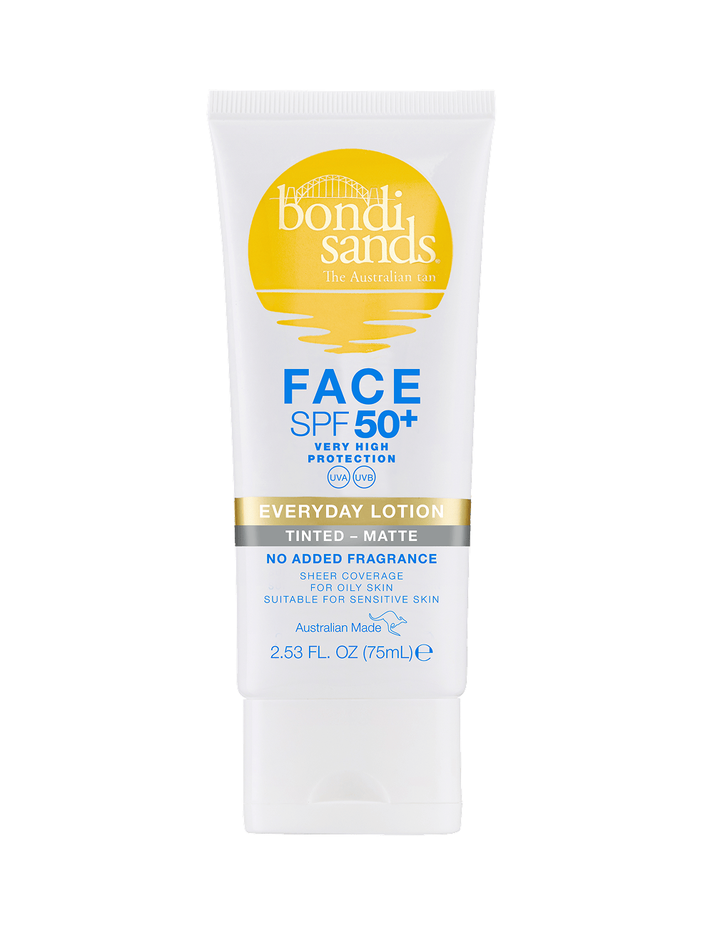 A white tube of BondiSandsEU SPF 50+ Everyday Matte Tinted Face Lotion, featuring blue, gold, and black text. This fragrance-free sunscreen offers high protection and a matte finish, ideal for oily or sensitive skin.