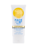 A white tube of BondiSandsEU SPF 50+ Everyday Matte Tinted Face Lotion, featuring blue, gold, and black text. This fragrance-free sunscreen offers high protection and a matte finish, ideal for oily or sensitive skin.