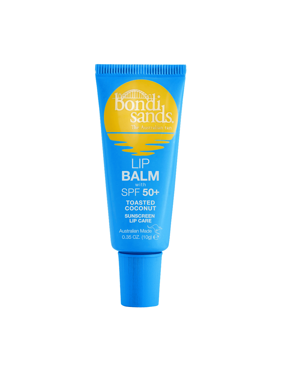 A blue tube of BondiSandsEU Coconut SPF 50+ Lip Balm with nourishing Shea Butter, labeled Toasted Coconut and Sunscreen Lip Care, features a yellow sun logo plus white and yellow product details.