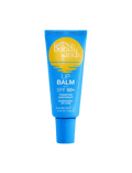 A blue tube of BondiSandsEU Coconut SPF 50+ Lip Balm with nourishing Shea Butter, labeled Toasted Coconut and Sunscreen Lip Care, features a yellow sun logo plus white and yellow product details.