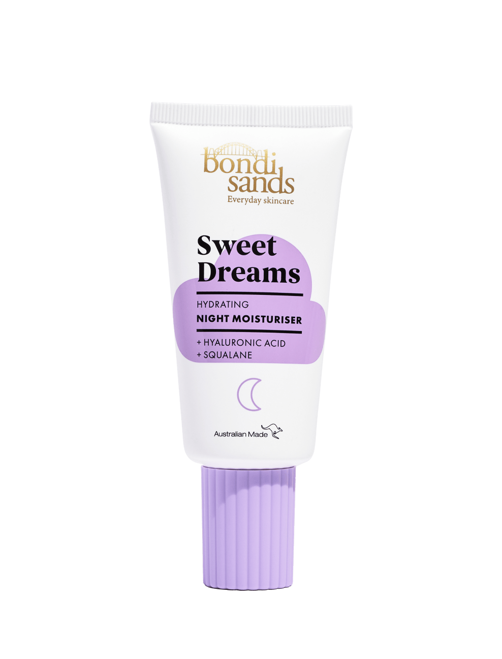 A white tube of BondiSandsEU Sweet Dreams Night Moisturiser with a purple cap and label, featuring hyaluronic acid and squalane, Australian made for intense overnight hydration.