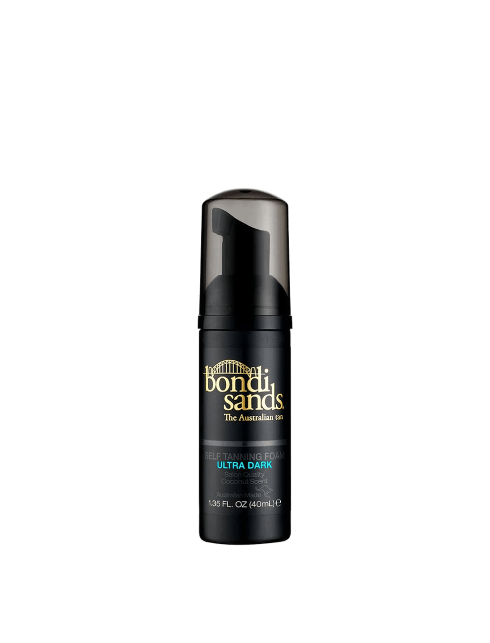 A 1.35 fl. oz. (40 mL) black bottle of BondiSandsEU Self Tanning Foam Ultra Dark Deluxe Sample with a pump and gold text sits against a white background—ideal for achieving an ultra-dark, glowing tan.