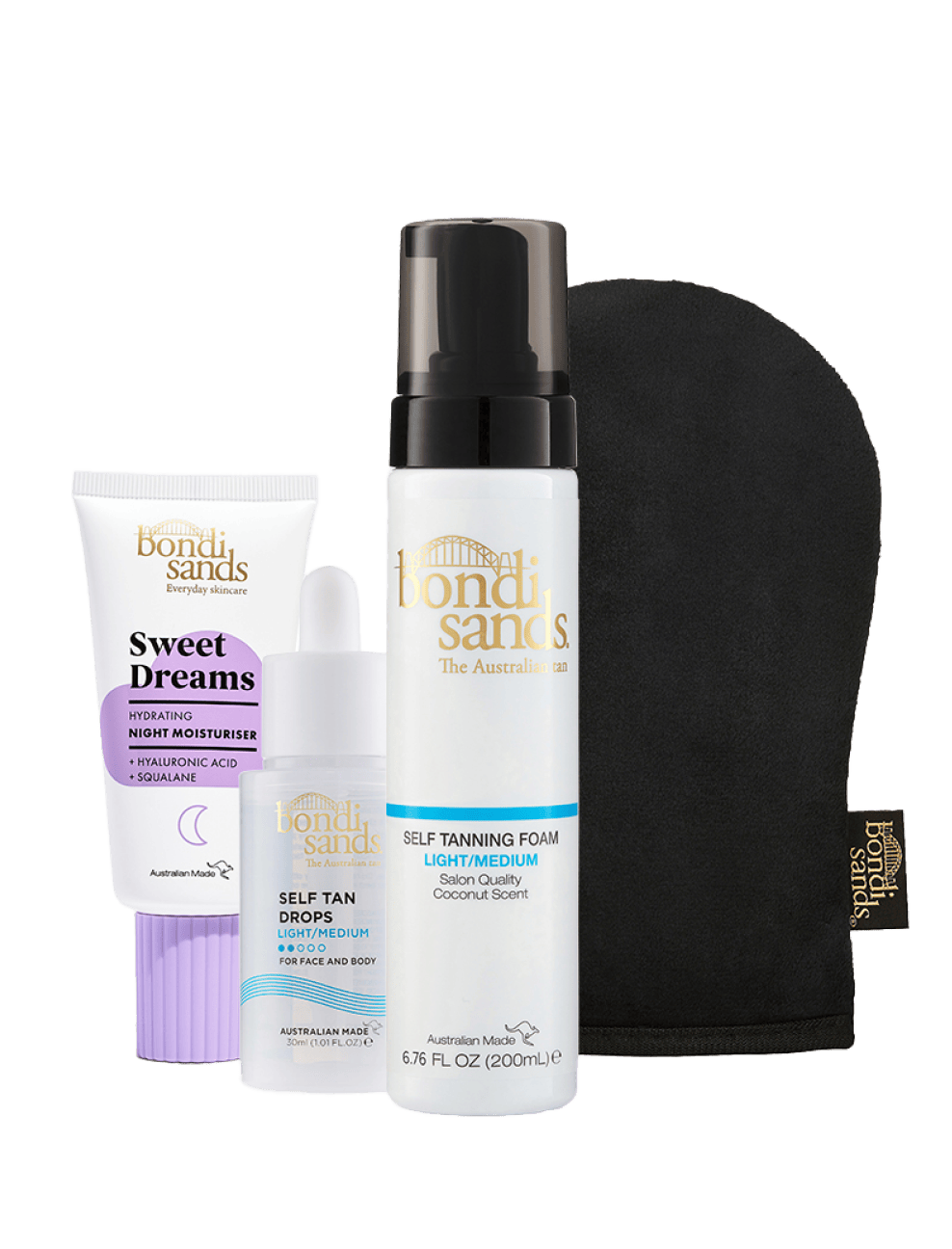 The BondiSandsEU Glow Head to Toe Bundle includes three skincare products and a black tanning mitt, all displayed on a white background.