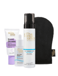 The BondiSandsEU Glow Head to Toe Bundle includes three skincare products and a black tanning mitt, all displayed on a white background.