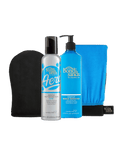 The BondiSandsEU Aero Dark Self Tanning Mousse Bundle includes a silver aerosol mousse can, a blue pump bottle of gradual tanning milk, a black exfoliating mitt, and a blue tanning mitt.