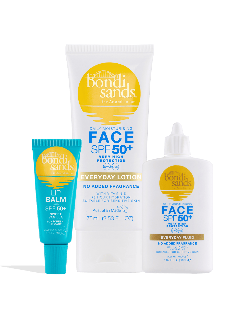 The SPF Besties Bundle by Bondi Sands Europe includes the SPF 50+ sunscreen Lip Balm, Face Lotion, and Everyday Fluid. They stand upright against a white background, providing daily sun protection ideal for sensitive skin.