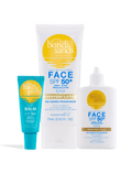 The SPF Besties Bundle by Bondi Sands Europe includes the SPF 50+ sunscreen Lip Balm, Face Lotion, and Everyday Fluid. They stand upright against a white background, providing daily sun protection ideal for sensitive skin.