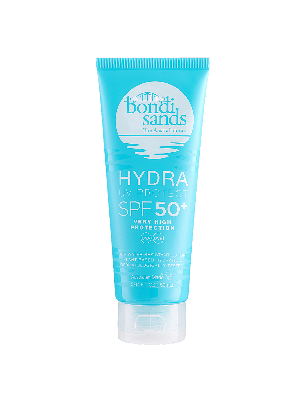 A blue tube of BondiSandsEU Hydra UV Protect SPF 50+ Body Lotion stands upright, featuring white branding on a white background. This hydrating sunscreen offers very high, broad spectrum UV protection.