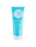 A blue tube of BondiSandsEU Hydra UV Protect SPF 50+ Body Lotion stands upright, featuring white branding on a white background. This hydrating sunscreen offers very high, broad spectrum UV protection.